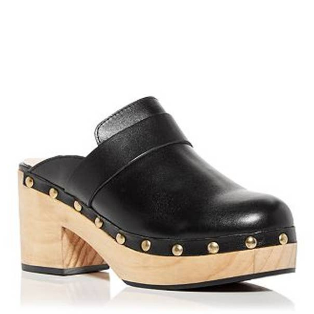 AQUA Soho Clogs Black Leather Studded Wooden Platform Mules size 8.5